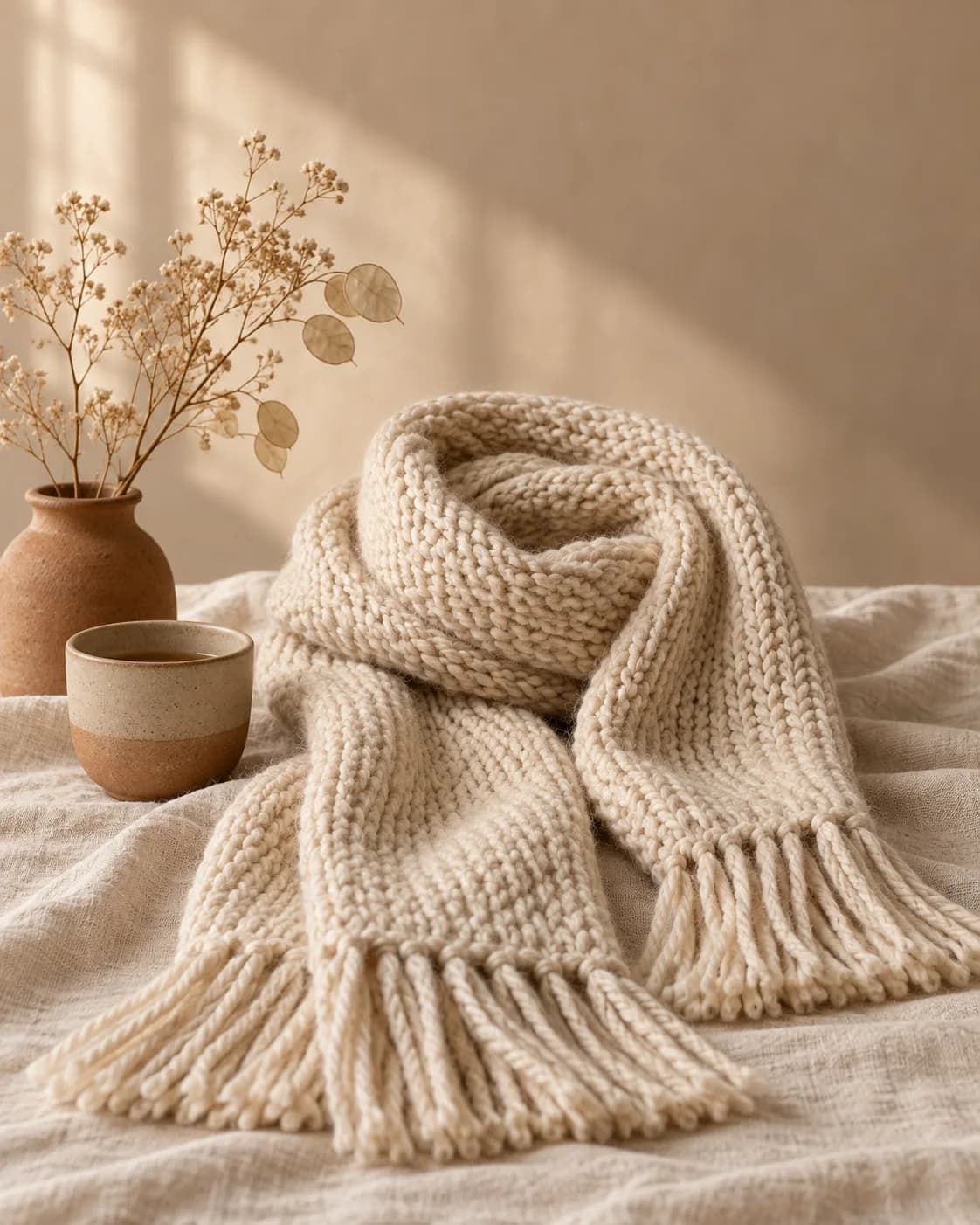 A soft hand-knitted scarf in the afternoon sun
